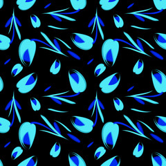 Vector gentle flowers and blue tulips on a black background.
