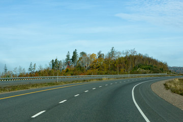 Fototapeta premium Highway with a view of the deep blue sky and colourful leaves in fall/autumn