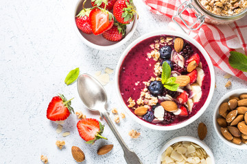 Smoothie bowl from fresh berries, nuts and granola.
