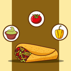 delicious burrito guacamole tomato and bell pepper vector illustration