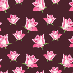 Natural pink roses background. Seamless pattern of red and pink roses, watercolor illustration.