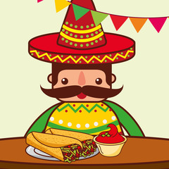 character eating at table burritos chili pepper mexican food vector illustration