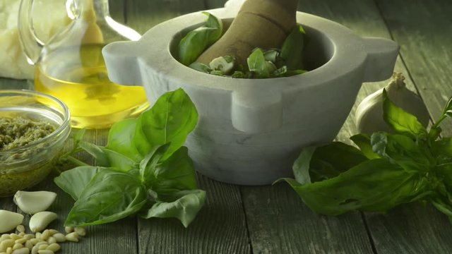 Ingredients for Genoise pesto sauce on the kitchen table