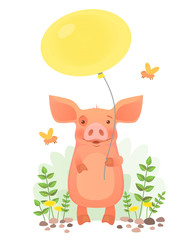 Cute pig holding balloon