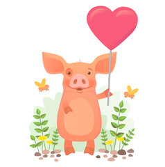 Cute pig holding heart