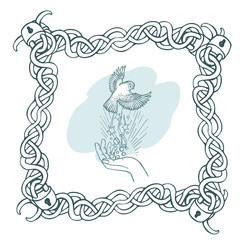 A bird taking off from an open palm, and a frame of chains and locks