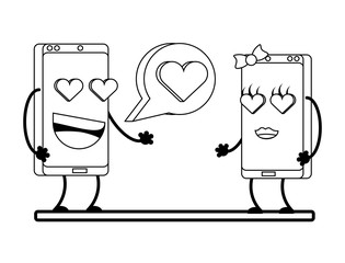 Cartoon couple of smartphones in love over white background, vector illustration