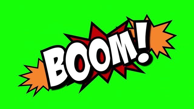 A comic strip speech cartoon animation with an explosion shape. Words: Bang, Boom, Zzap. White text, red and yellow spikes, green background.
