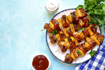 Chicken skewers with pumpkin.Top view with copy space.