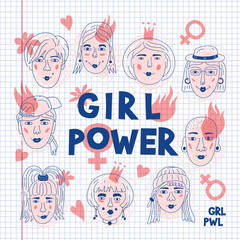 Feminism poster Girl power card, Feminists. Women's faces icons on a sheet of exercise book, Informal girls, Punk rock women. Creative hand-drawn characters. Vector Art illustration