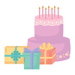 Happy birthday design with birthday cakes and gift boxes over white background, colorful design. vector illustration