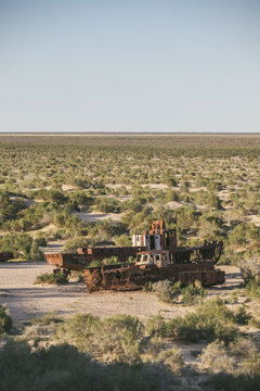 ship graveyard in muynak at former aral sea