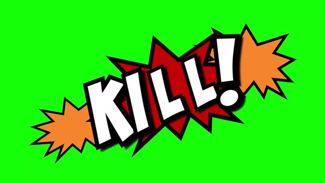 A comic strip speech cartoon animation with an explosion shape. Words: Bark, Kill, Hugs. White text, red and yellow spikes, green background.

