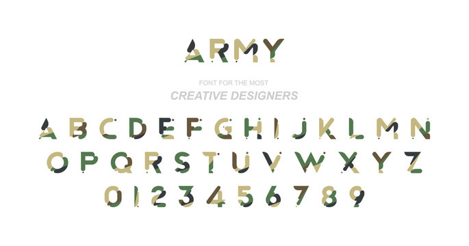 Original font in camouflage for creative design template. Flat illustration EPS10