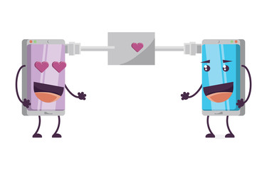 cartoon smartphones plugged sending love over white background, colorful design. vector illustration