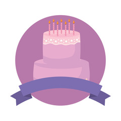emblem with decorative ribbon and birthday cake icon over white background, vector illustration