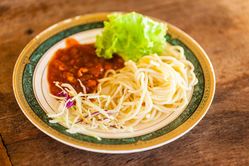 Dish with spaghetti
