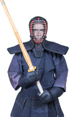 swordsman in attacking position and protective equipment 'bogu' and bamboo sword 'sinai'  for Japanese fencing Kendo training