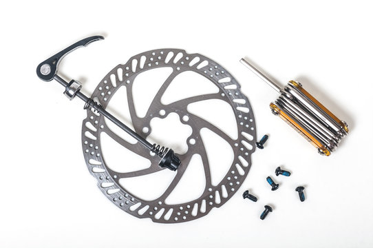 tool for repair of bicycle wheel  brake disk and eccentric clamp close-up