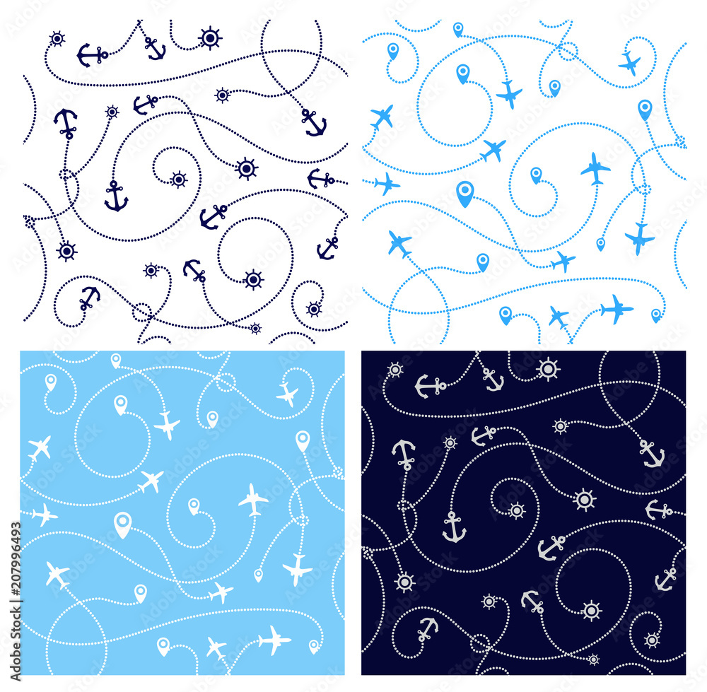 Poster set of travel concept seamless patterns. abstract airplane with geomethics, anchor and steering whee