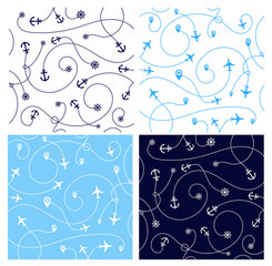 Set of travel concept seamless patterns. Abstract airplane with geomethics, anchor and steering wheel. Travel and tourism seamless background isolated on white background. Vector illustration
