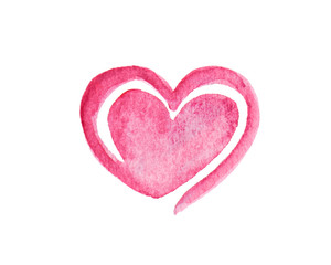 Heart shaped logo made of pink and magenta brush stroke. Watercolor hand drawn heart with rough edges. Faded  paint finish on paper.