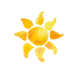 Fototapeta premium Bright sun logo symbol background made of watercolor painted strokes and shading. Yellow and Orange gradated sunny shape.. 