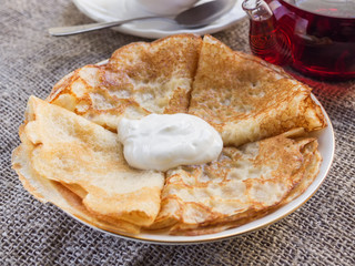 Plate with pancakes closeup