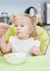 Parent  feeding cute baby at kitchen