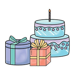 Gift boxes and birthday cake over white background, colorful design. vector illustration