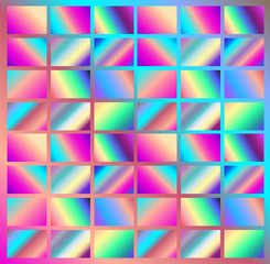Abstract geometric background, super bright wall with rainbow bricks vector in neon spectrum colorful shades: pink, fuchsia, purple, violet, blue, turquoise. Beautiful wallpaper for positive vibes.