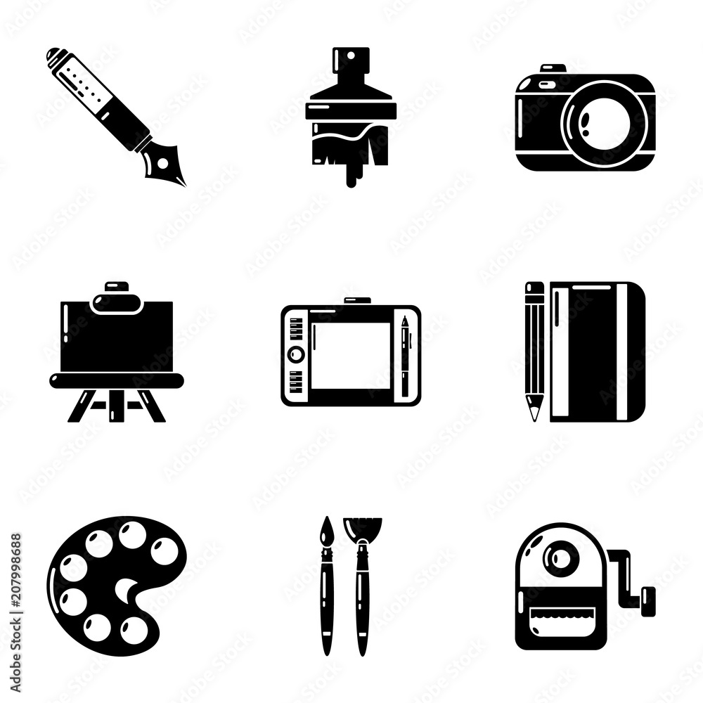 Poster painting work icons set. simple set of 9 painting work vector icons for web isolated on white backgr