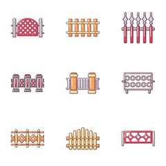 Wooden fence icons set. Cartoon set of 9 wooden fence vector icons for web isolated on white background