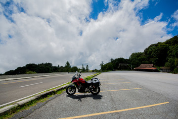 Motorcycle travel on Doi Inthanon Chiang mai Thailand, On the bright sky