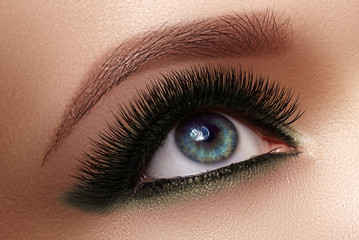 Fototapeta premium Beautiful female eye with extreme long eyelashes, black liner makeup. Perfect make-up, long lashes. Closeup fashion eyes