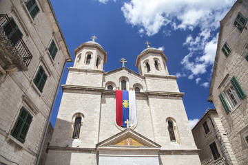 Fototapeta na wymiar Wide angle view of the top of the Orthodox Saint Nicholas Church in Kotor, Montenegro.
