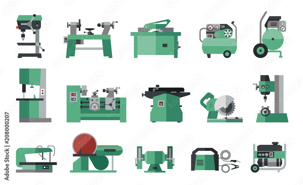 Wall mural flat icon collection of electric machine tools for wood, metal, plastic, stone. machines used in pro