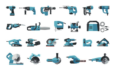 Big flat icon collection of power electric hand tools. Set of master tools for wood, metal, plastic, stone.