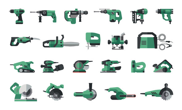 Big Flat Icon Collection Of Power Electric Hand Tools. Set Of Master Tools For Wood, Metal, Plastic, Stone.