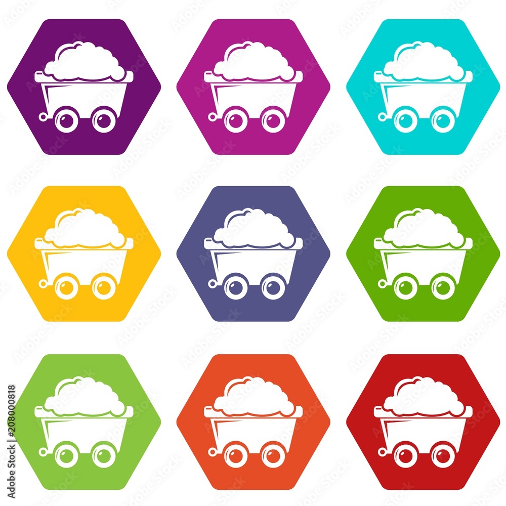 Poster mining cart icons 9 set coloful isolated on white for web