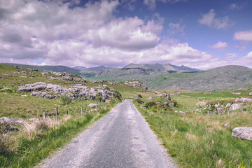 Countryside road to Black Valley in county Kerry in Ireland on a cloudy day