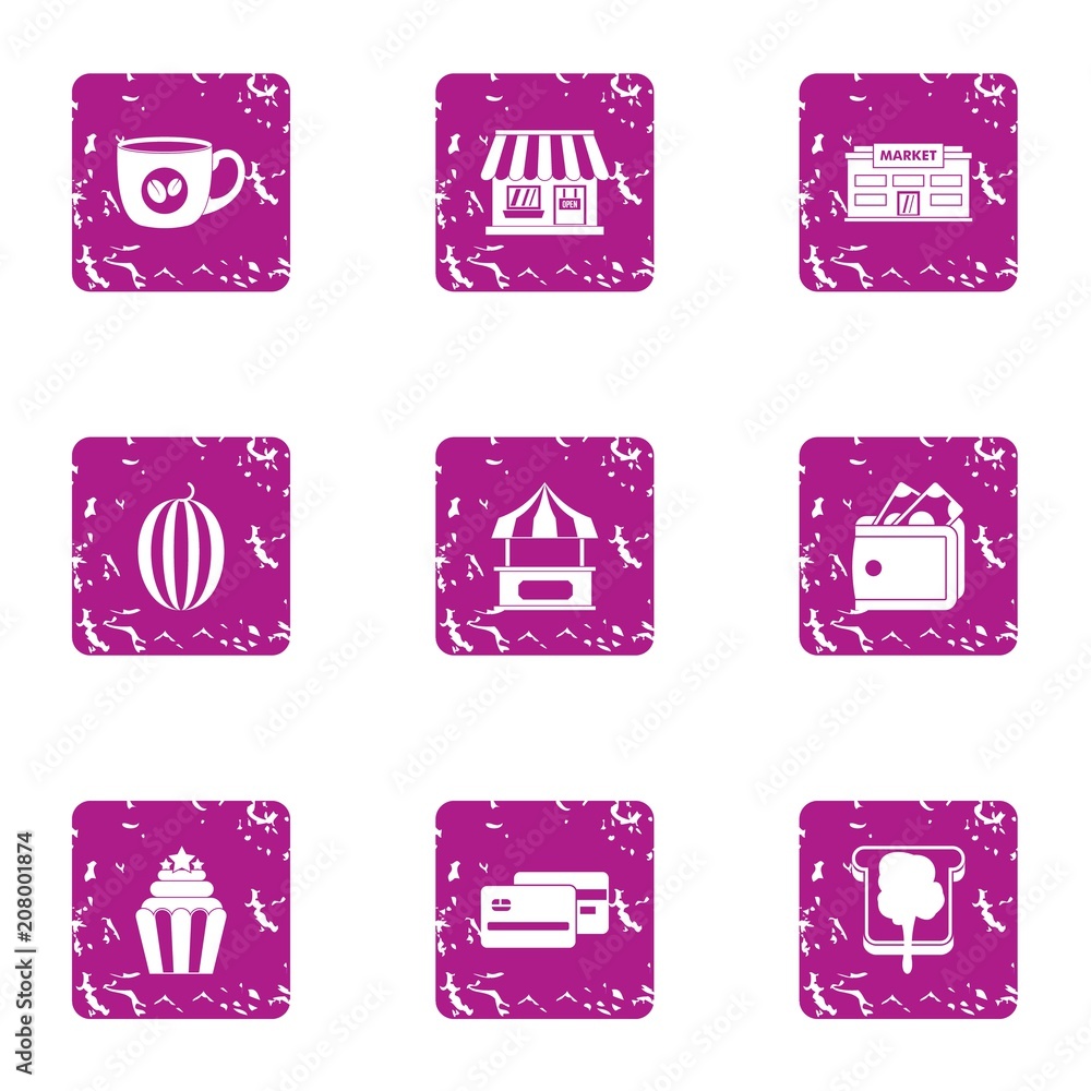 Poster covered stall icons set. grunge set of 9 covered stall vector icons for web isolated on white backgr