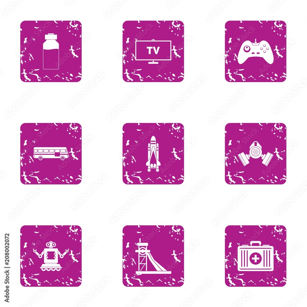Poster game simulator icons set. grunge set of 9 game simulator vector icons for web isolated on white back