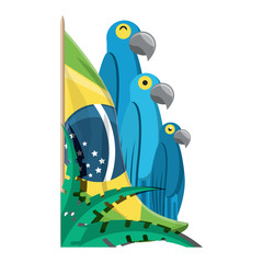Brazilian flag with macaw birds over white background, vector illustration