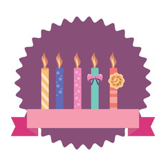 seal stamp with birthday candles and decorative ribbon over white background, vector illustration