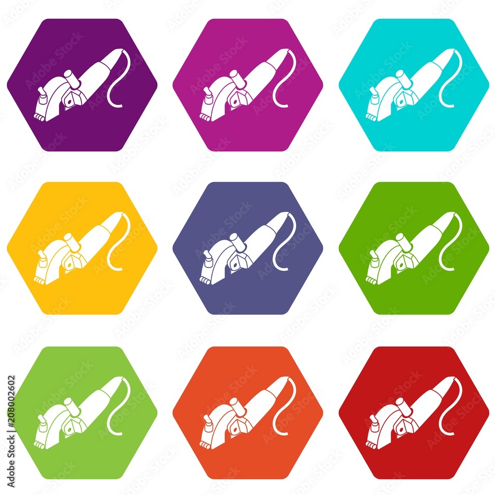 Poster protect angle grinder icons 9 set coloful isolated on white for web
