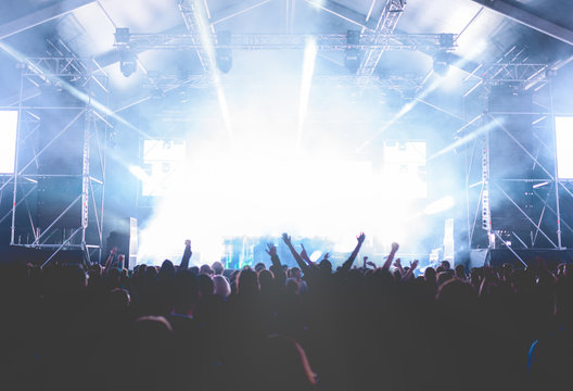 Crowd of people dancing and having fun at music festival