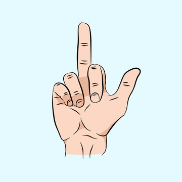 Vector hand drawing fuck hand isolated on blue background. Brush human male hand in a sketch style, color illustration