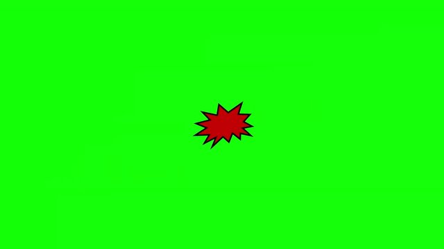 A comic strip speech cartoon animation with an explosion shape. Words: Clang, Klunk, Sting. White text, red and yellow spikes, green background.
