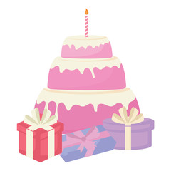 Gift boxes and birthday cake over white background, vector illustration